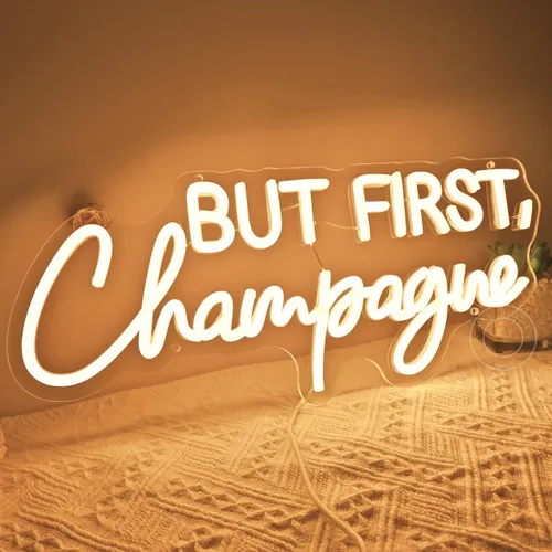 Miniatura 6 de SYLHOME Letrero de luz LED de neón con texto en inglés «But First Champagne» para el hogar, bar, cocina, hombre, cueva, pub, decoración de boda