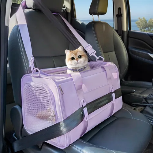 Miniatura 21 de PETSFIT Transportador de gatos de lados suaves con hebillas de seguridad patentadas, cremalleras bloqueables y correa de seguridad, transportador