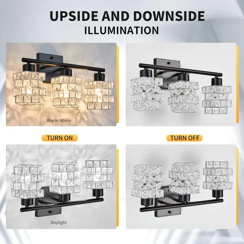 Miniatura 5 de Lámpara de tocador de baño de 3 luces, lámpara de cristal sobre el espejo, negro mate y luces de pared interiores giratorias de cristal Pantalla