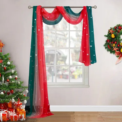 BGment Cortinas tipo bufanda de fiesta de Navidad, estampado de nieve, decoración de ventana para sala de estar, cenefa suave de gasa transparente