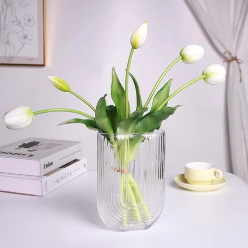 Miniatura 5 de Tulipanes falsos de tacto real premium de 16 pulgadas, flores artificiales con brotes, tallo flexible fácil de moldear, tulipanes sintéticos