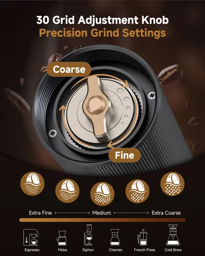 Miniatura 2 de Molinillo de café manual, molinillo de café de mano con 30 ajustes ajustables, fresas cónicas de espresso de acero inoxidable CNC 420, diseño