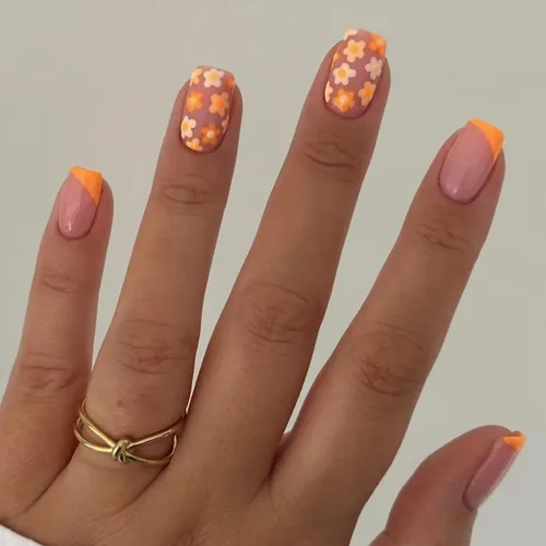 Miniatura 12 de Uñas postizas ovaladas a presión con puntas francesas, juego de uñas postizas cortas de flores artificiales, uñas postizas acrílicas con diseños