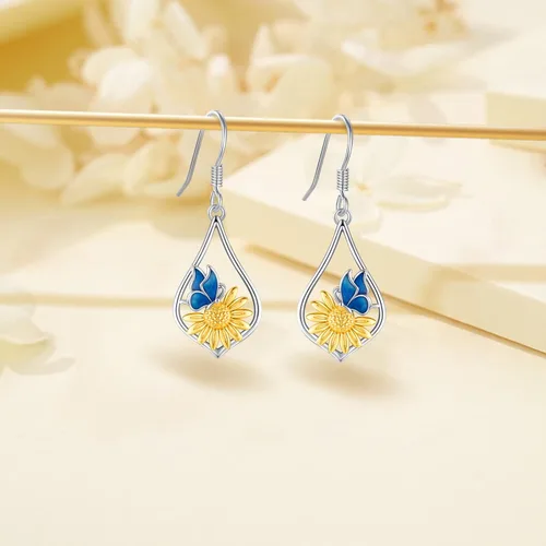 Miniatura 2 de Aretes colgantes de plata de ley con diseño de árbol de la vida, flor, abeja, animales, gato, colibrí, piedra lunar, turquesa, aretes con cierre