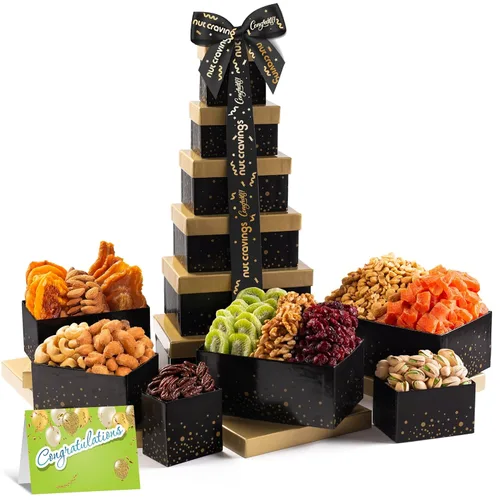 Miniatura 22 de NUT CRAVINGS - Cesta de regalo de frutas secas y nueces mixtas, torre roja + cinta de corazón (12 surtidos), arreglo de alimentos, paquete