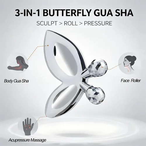 Miniatura 2 de Herramientas faciales Gua Sha de acero inoxidable, rodillo facial de mariposa 3D para mujeres, herramienta de guasha 2 en 1 para apretar la piel