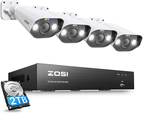 ZOSI 4K 8CH Sistema de cámara de seguridad PoE con foco con HDD de 2TB, 4 piezas de cámaras IP PoE de 5MP para exteriores, detección inteligente de