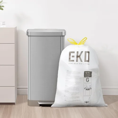 Miniatura 3 de EKO 21 galones / 50-90 litros, 110 unidadesBolsas de basura con cordón de tracción extra resistentes y sin perfume, rollo de fácil dispensación