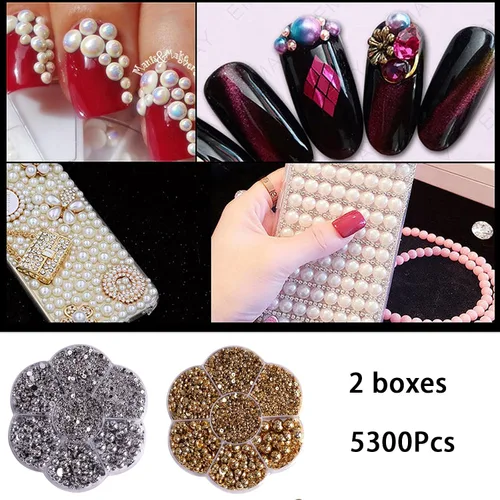 Miniatura 6 de 5300 cuentas doradas y plateadas de media perlas, varios tamaños, perlas de espalda plana, gemas de uñas, cuentas redondas de plástico ABS