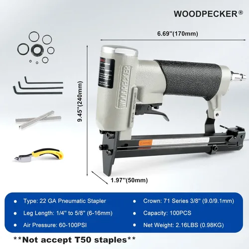 Miniatura 6 de WOODPECKER N7116 - Engrapadora de tapicería calibre 22, 3/8 pulgadas, corona neumática, para tapicería, serie 71, pistola grapadora de alambre fino