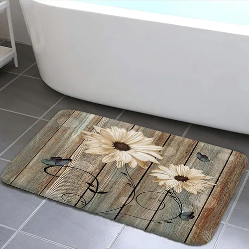 Alfombra de baño rústica blanca floral, flores y mariposas en tabla de madera vieja, antideslizante, juego de alfombras de baño vintage con