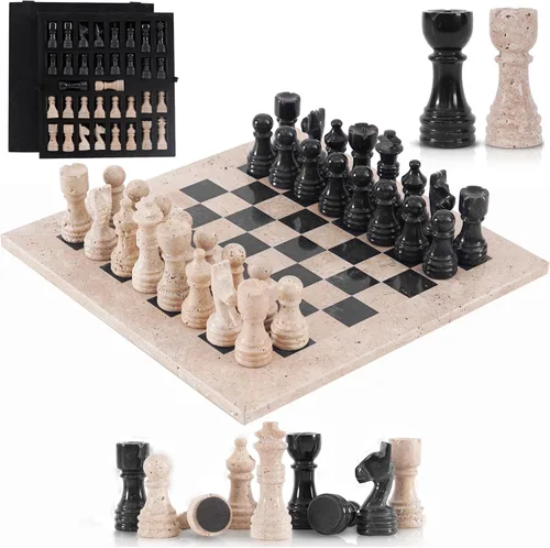 Miniatura 7 de Juego de ajedrez de mármol para adultos de 12 pulgadas, hecho a mano, juegos de ajedrez negro y travertino con caja de almacenamiento, juego
