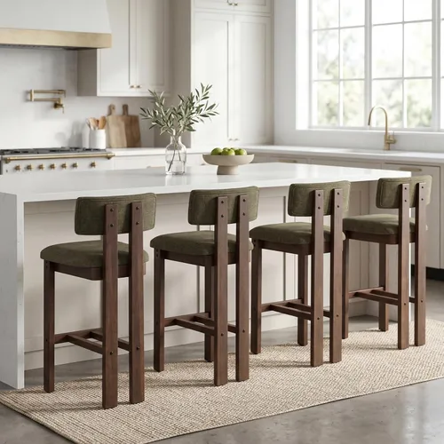 Miniatura 10 de DUOMAY 26 Inch Modern Bar Stools Set of 2, Linen Farmhouse Counter Stools Wooden Barstools, Green Upholstered Counter Height Bar Stools with Curved