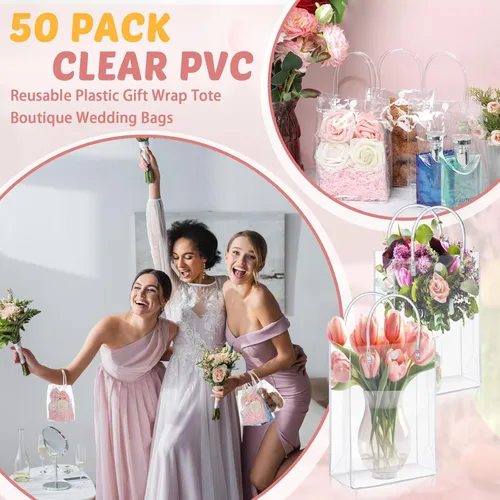 Miniatura 7 de LEIFIDE 50 bolsas de regalo de plástico transparente con asas, de PVC, reutilizables, transparentes, bolsas para dulces, escuela, fiesta