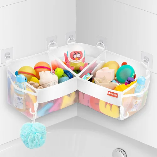 UNEEDE Almacenamiento de juguetes de baño – Organizador de almacenamiento de juguetes de baño de esquina de 3 compartimentos, 4 galones de secado