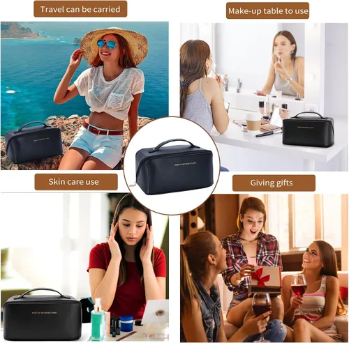 Miniatura 7 de 3 bolsas de maquillaje de viaje portátiles de gran capacidad para mujeres, estuche organizador de maquillaje plano abierto, bolsa organizadora