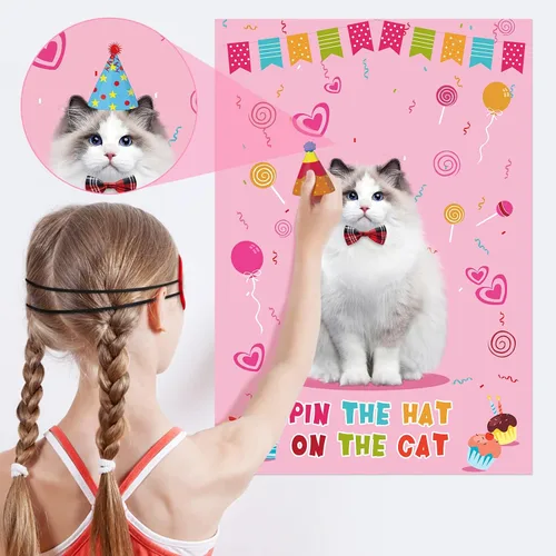Miniatura 3 de Pin The Hat on the Cat Party Games para niñas, póster grande de juegos de gatos para niños, decoración de fiesta de cumpleaños con temática