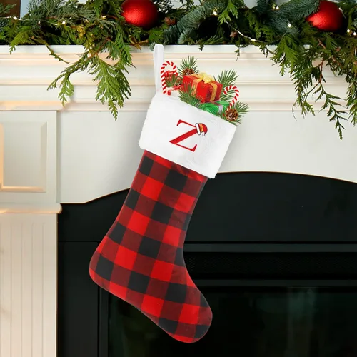 Miniatura 3 de Senneny - Medias de Navidad con iniciales, 20" grandes rojas y negras a cuadros de búfalo, monograma, medias de Navidad con puño de felpa blanca