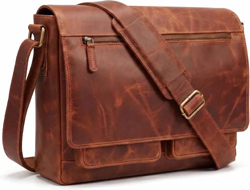 Miniatura 9 de VALENCHI Bolsa tipo mensajero de cuero de grano completo para laptop de 15.3 pulgadas para hombres y mujeres, compartimento acolchado para laptop