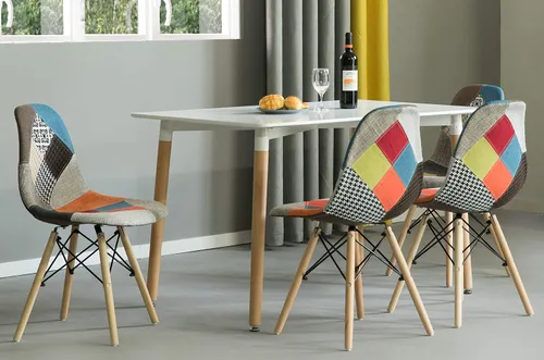 Miniatura 3 de Silla de comedor moderna de mediados de siglo tapizada de plástico multicolor Patchwork DSW Shell con patas Eiffel de clavija de madera