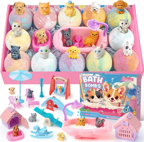 Toylink Bombas de baño para niños con sorpresa en el interior para niñas y niños, paquete de 12 bombas de baño para niños con juguetes para perros y