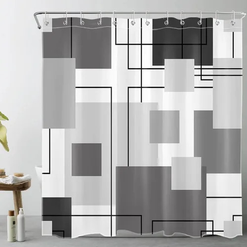 Miniatura 10 de LB Cortina de ducha geométrica a rayas grises y blancas, cortinas de ducha abstractas de mediados de siglo verde salvia para baño, 72 x 72 pulgadas