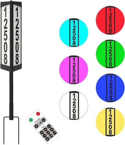 Placa solar de dirección de 3 lados, números de casa iluminados para exteriores, control remoto RGBW impermeable que cambia de color, letrero de
