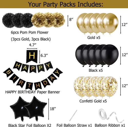 Miniatura 2 de Decoraciones de cumpleaños para hombres, suministros de decoración de fiesta dorado y negro, incluye pancarta de feliz cumpleaños, confeti, globos
