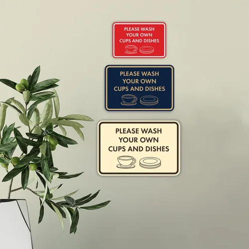 Miniatura 3 de Letrero clásico enmarcado con texto en inglés «Please Wash Your Own Cups and Dishes» (oro cepillado), pequeño