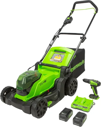 Greenworks - Cortacésped inalámbrico sin escobillas de 48 V (2 x 24 V) de 17 pulgadas, (2) baterías USB de 4.0 Ah (multipuerto USB) y cargador