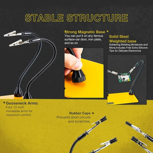 Miniatura 2 de KOTTO Herramienta de soldadura de tercera mano, soporte para PCB, dos brazos metálicos flexibles con base magnética, manos que ayudan a las manos