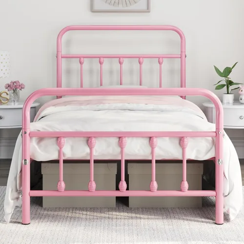 Miniatura 23 de Yaheetech Base de cama clásica de metal con base de colchón con estilo victoriano, cabecera, estribo, almacenamiento debajo de la cama, no necesita