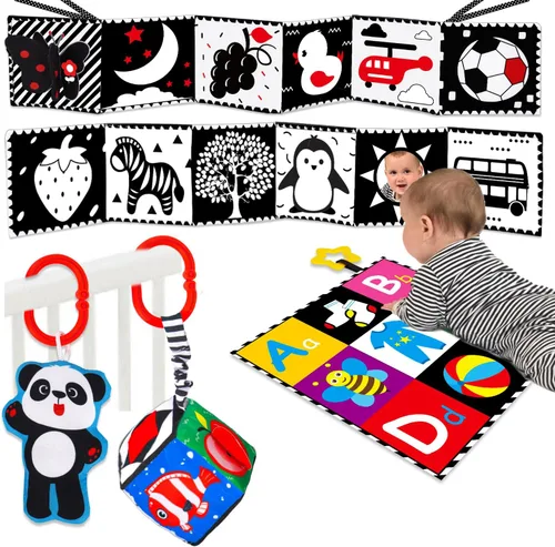 Miniatura 8 de Juguetes de alto contraste en blanco y negro para bebés de 0-3, 3-6 meses, tiempo boca abajo, suave, libro arrugado, espejo, juguetes sensoriales