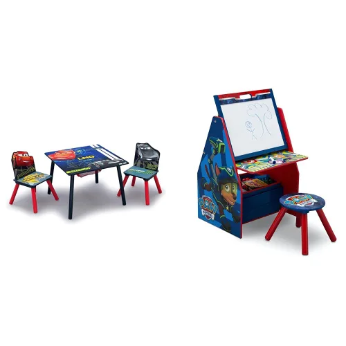 Delta Children Juego de mesa y silla para niños con almacenamiento (2 sillas incluidas) y caballete y estación de juegos para niños, ideal para