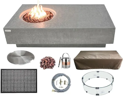 Miniatura 80 de Elementi+ Mesa de Fuego de Gas Colorado de Hormigón Fundido de 56" Rectangular, Hoguera al Aire Libre con Ignición Electrónica Incluye Cubierta
