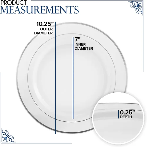 Miniatura 3 de Platos llanos de plástico blanco y plateado de 10.25 pulgadas (paquete de 100) – Juego desechable elegante y resistente para 100 invitados – Boda