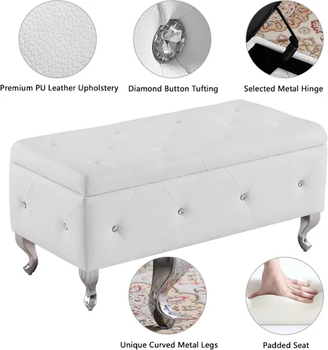 Miniatura 4 de mikibama Banco otomano de piel sintética para dormitorio, banco otomano de almacenamiento con botones de cristal con asiento y patas de metal Blanco