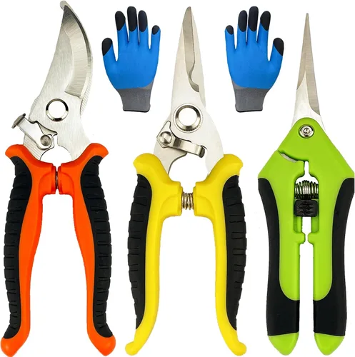 Tijeras de podar, paquete de 4 tijeras de jardín con guantes de jardinería, cortadoras manuales, tijeras de jardín de acero inoxidable, podadoras