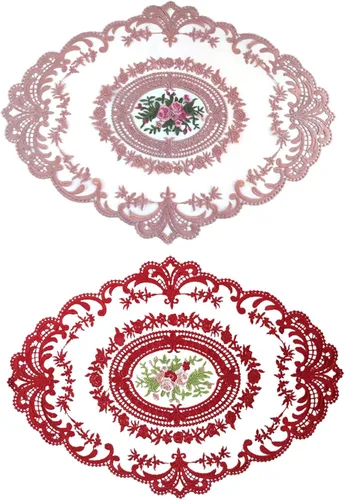 Miniatura 6 de Mantel para mesa auxiliar, manteles individuales de encaje, 2 piezas de malla ovalada bordada de flores de 16.5 x 12.2 pulgadas, manteles