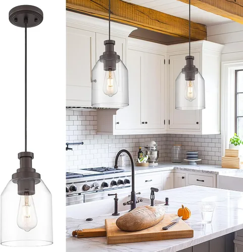 Miniatura 14 de Zeyu Lámpara Colgante Moderna de Oro, Lámpara Colgante de Vidrio de 1 Luz para Cocina y Comedor, Soporte de Vidrio Transparente, Acabado en Negro