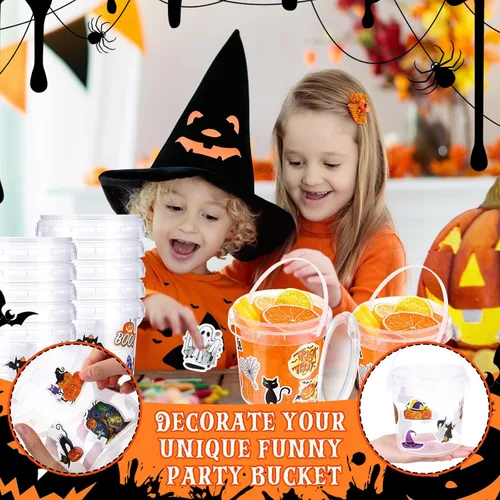 Miniatura 4 de Sliner 20 cubos pequeños para dulces de Halloween de 34 onzas, 100 calcomanías de terror, cubetas de ron de cóctel con tapa y asa para Halloween