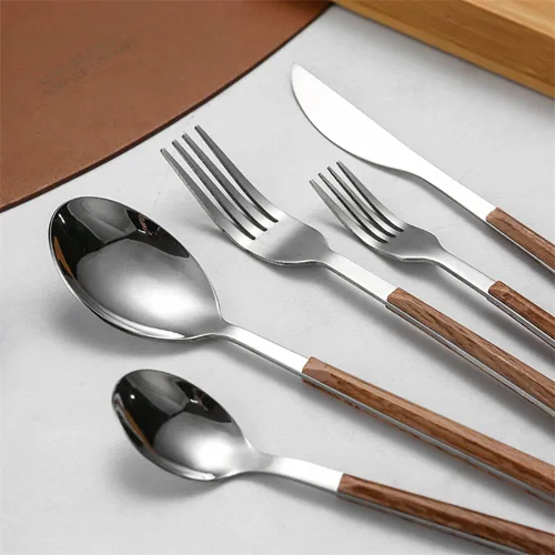 Miniatura 6 de Juego de cubiertos de madera para 6 cubiertos de acero inoxidable, mango de grano de madera, juego de cubiertos de 30 piezas, incluye cuchillos