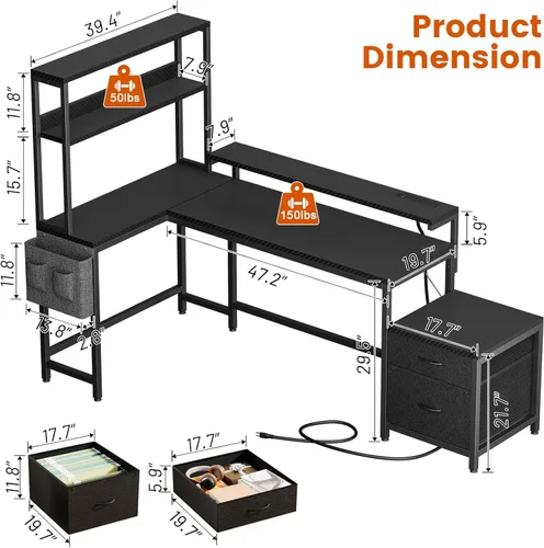 Miniatura 3 de REAHOME Escritorio en forma de L de 70 pulgadas con cajones de archivos y estantes de almacenamiento reversibles, escritorio de computadora con toma
