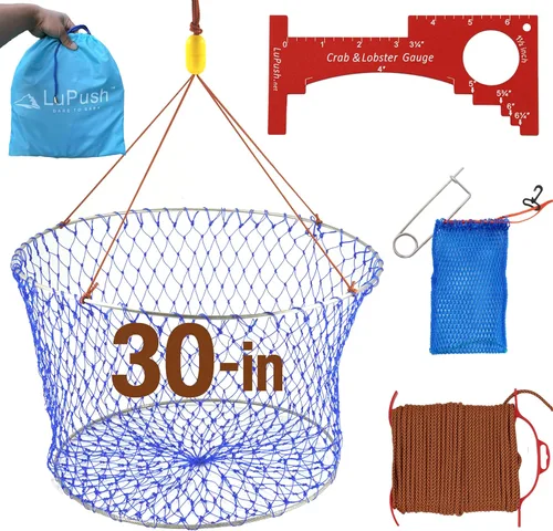 Miniatura 10 de Stainless Collapsible Crab Net with 100ft Rope, Bait Bag, Clip & Ruler – 6 Pieces Portable Crab Trap for Easy Storage – Durable Grid Design for Dock