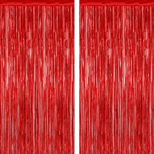 Paquete de 2 telones de fondo de oropel rojo, cortinas de flecos de 3.28 pies x 7.05 pies, decoraciones de fiesta para aniversarios de boda