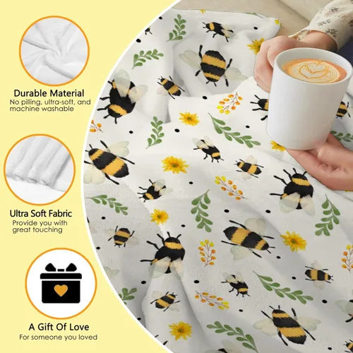 Miniatura 5 de Manta de franela de abeja – Manta cálida y acogedora de felpa floral de girasol para sofá, cama, sala de estar, decoración del hogar y regalos Abeja