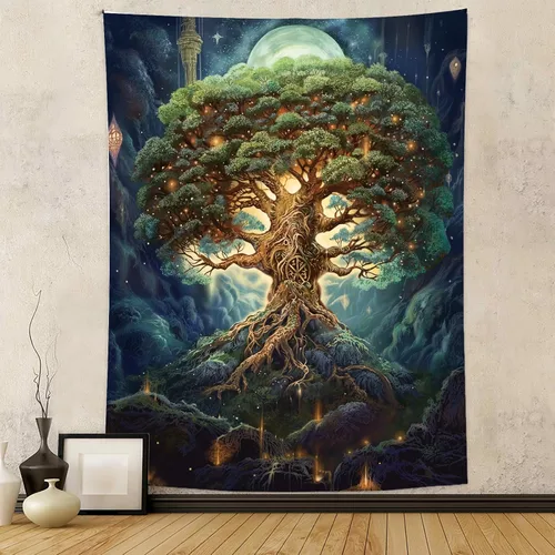Tapzen Tapiz de árbol de la vida para dormitorio, luna estrella, galaxia, bosque, naturaleza, decoración vertical de plantas bohemias para sala de