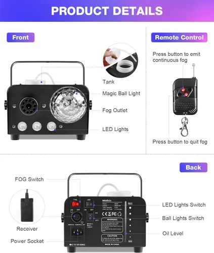 Miniatura 5 de MOSFiATA - Máquina de niebla con luz de discoteca 600W, máquina de humo con luces LED RGB, pulverización de 2300 CFM, control remoto, perfecta