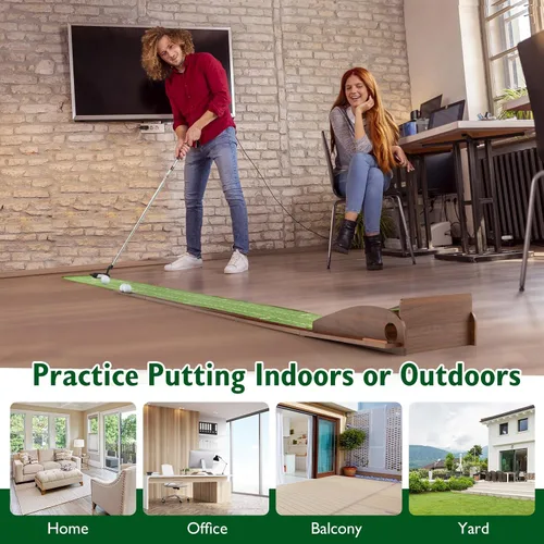 Miniatura 7 de Tangkula Alfombrilla de práctica de golf de 10 pies, 2/3 hoyos con retorno automático de bola para interiores y exteriores, guías de alineación y 3