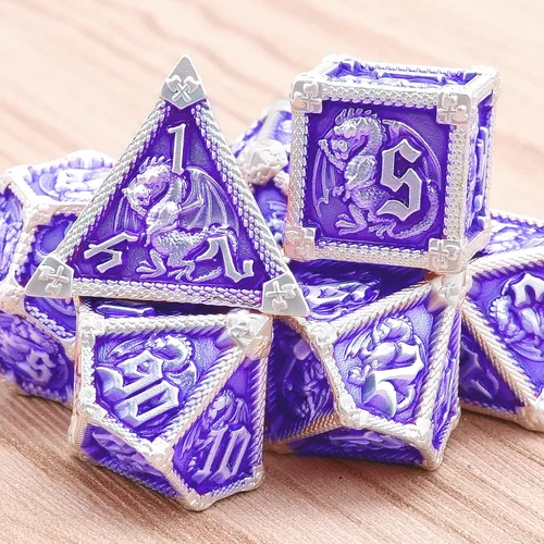 Miniatura 5 de AUSTOR Juego de dados de metal DND de 7 troqueles, juego de dados poliédricos de Calabozos y Dragones con caja D20 D12 D10 D% D8 D6 D4 para Violeta